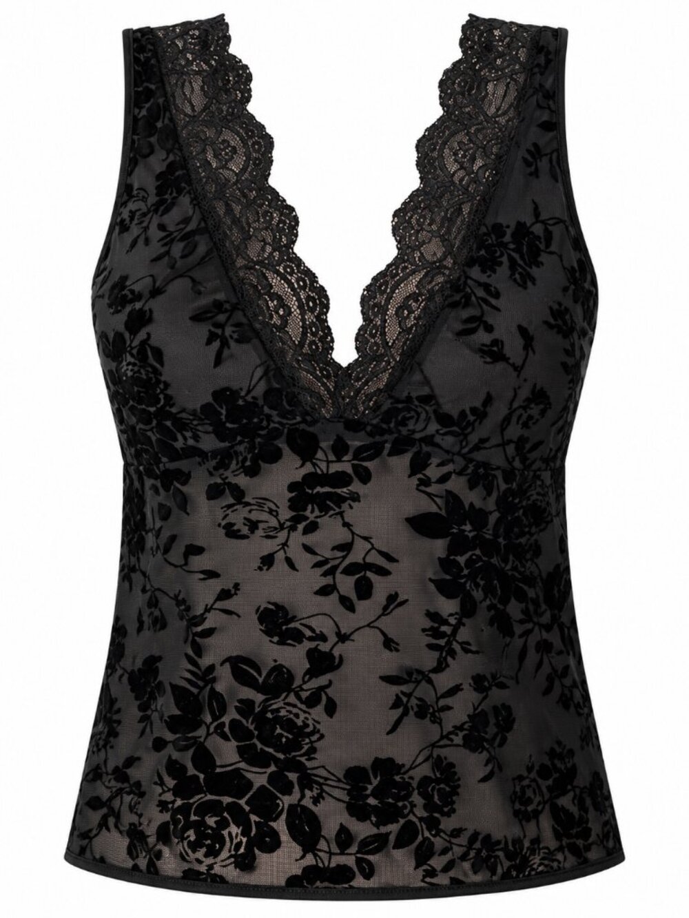 SZ 2XL (see measurements) V-neck Mesh and Velvet Burnout Tank, Black
